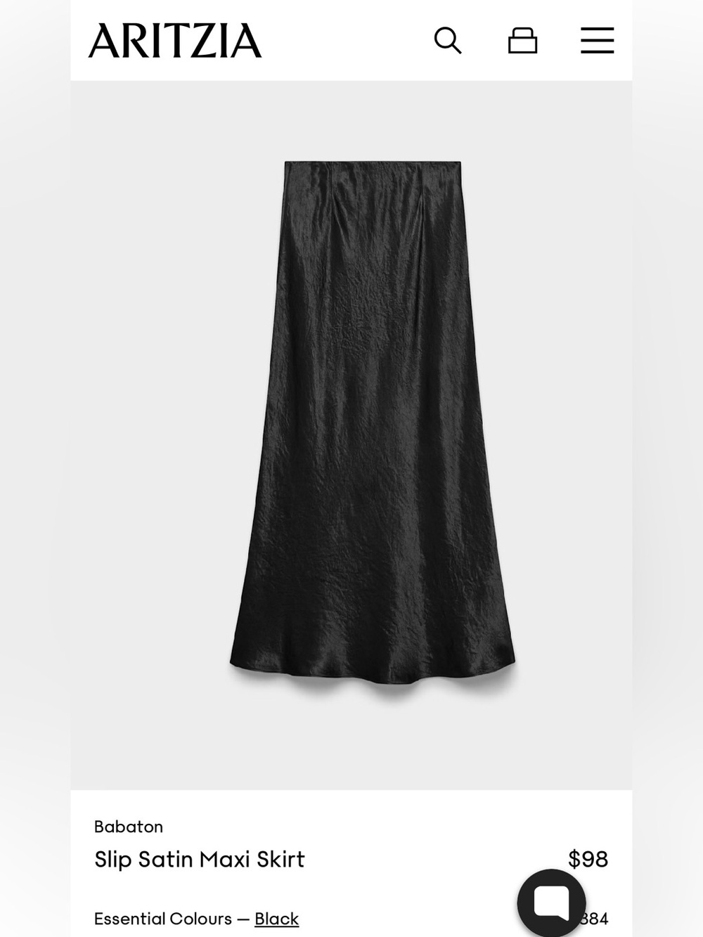 Aritzia Black Satin A-Line Maxi Skirt